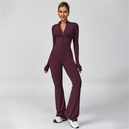 Women'S Long Sleeve Flared Sports Jumpsuit - Zipper Jumpsuit, Wide Leg Bodysuit, Sexy One-Piece Yoga Jumpsuit, Fitness Activewear for the Gym, Pilates, Casual or Street Wear, Tennis Skirt with Shorts and Tie-Front Activewear Sporty Yoga Set