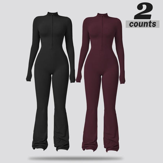 Women'S Long Sleeve Flared Sports Jumpsuit - Zipper Jumpsuit, Wide Leg Bodysuit, Sexy One-Piece Yoga Jumpsuit, Fitness Activewear for the Gym, Pilates, Casual or Street Wear, Tennis Skirt with Shorts and Tie-Front Activewear Sporty Yoga Set