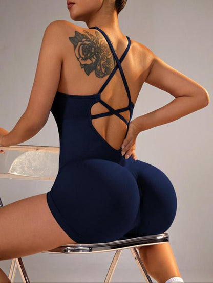 Women'S Solid Criss Cross Backless Padded Sports Romper, Adjustable Strap Sleeveless Scrunch Butt Cami Bodycon Romper for Yoga Gym Fitness, Summer Outfits 2024 Workout Jumpsuit