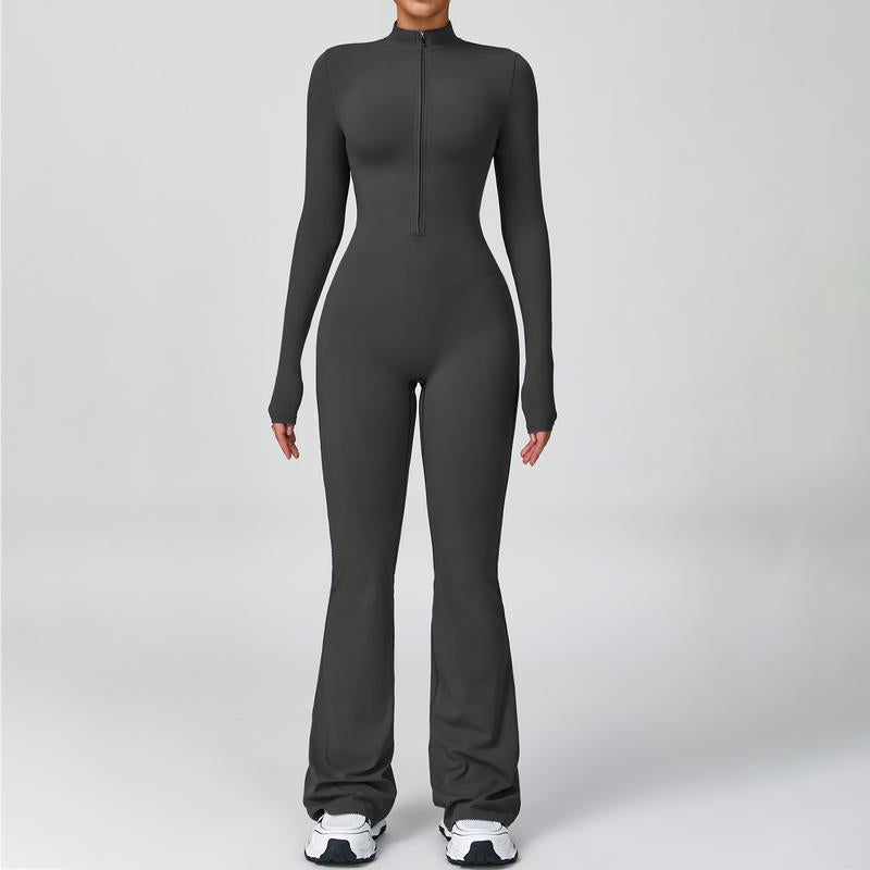Women'S Long Sleeve Flared Sports Jumpsuit - Zipper Jumpsuit, Wide Leg Bodysuit, Sexy One-Piece Yoga Jumpsuit, Fitness Activewear for the Gym, Pilates, Casual or Street Wear, Tennis Skirt with Shorts and Tie-Front Activewear Sporty Yoga Set