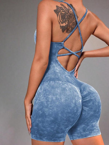 Women'S Solid Criss Cross Backless Padded Sports Romper, Adjustable Strap Sleeveless Scrunch Butt Cami Bodycon Romper for Yoga Gym Fitness, Summer Outfits 2024 Workout Jumpsuit