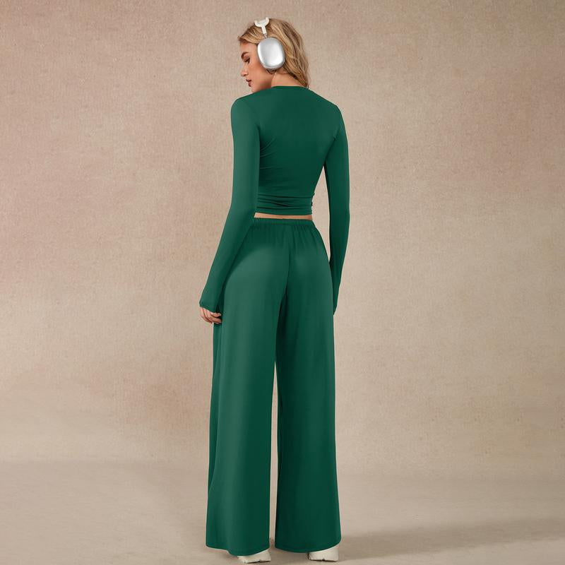 Timeoff Women'S 2-Piece Activewear Set Long-Sleeve Crop Top & Wide-Leg Pants Stretchy Fabric for Yoga Leisure Daily Active Scenarios Workout Running Clothes