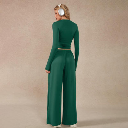 Timeoff Women'S 2-Piece Activewear Set Long-Sleeve Crop Top & Wide-Leg Pants Stretchy Fabric for Yoga Leisure Daily Active Scenarios Workout Running Clothes