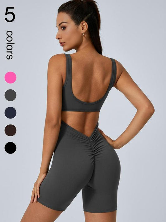 Women'S Ruched Cut Out Backless Sports Romper, Solid Sleeveless Scoop Neck Bodycon Romper, High Stretch Seamless Yoga Jumpsuit, Ladies Sportswear for Indoor Outdoor Wear
