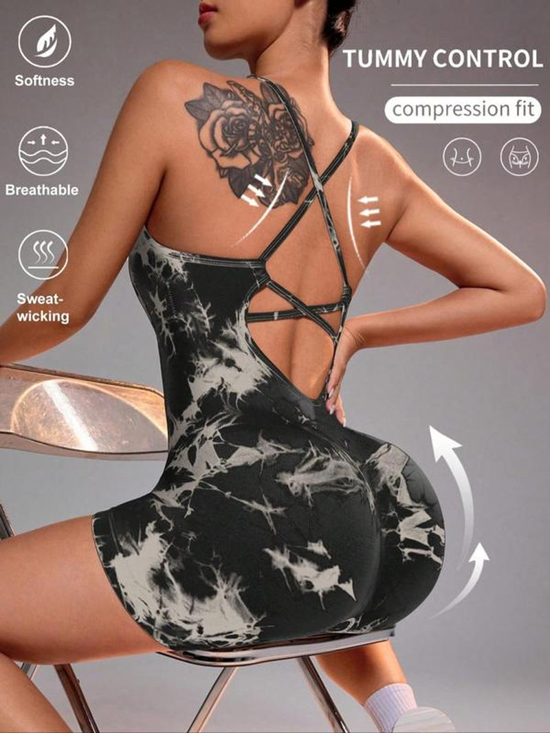 Women'S Solid Criss Cross Backless Padded Sports Romper, Adjustable Strap Sleeveless Scrunch Butt Cami Bodycon Romper for Yoga Gym Fitness, Summer Outfits 2024 Workout Jumpsuit