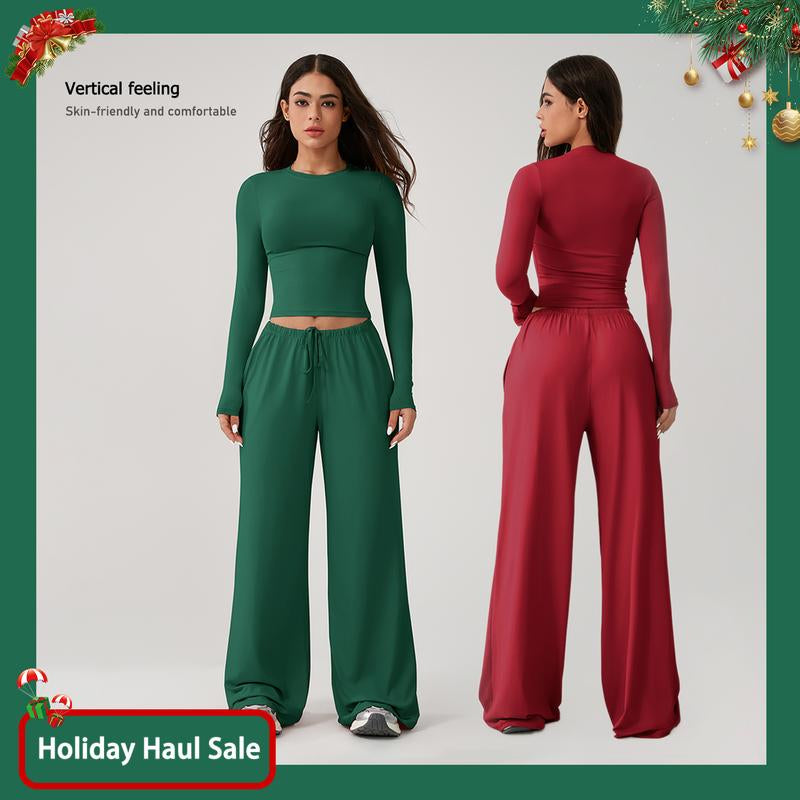 Timeoff Women'S 2-Piece Activewear Set Long-Sleeve Crop Top & Wide-Leg Pants Stretchy Fabric for Yoga Leisure Daily Active Scenarios Workout Running Clothes