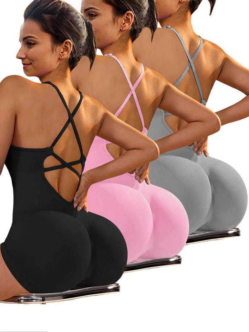 Women'S Solid Criss Cross Backless Padded Sports Romper, Adjustable Strap Sleeveless Scrunch Butt Cami Bodycon Romper for Yoga Gym Fitness, Summer Outfits 2024 Workout Jumpsuit