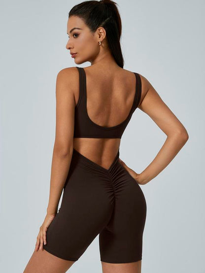Women'S Ruched Cut Out Backless Sports Romper, Solid Sleeveless Scoop Neck Bodycon Romper, High Stretch Seamless Yoga Jumpsuit, Ladies Sportswear for Indoor Outdoor Wear