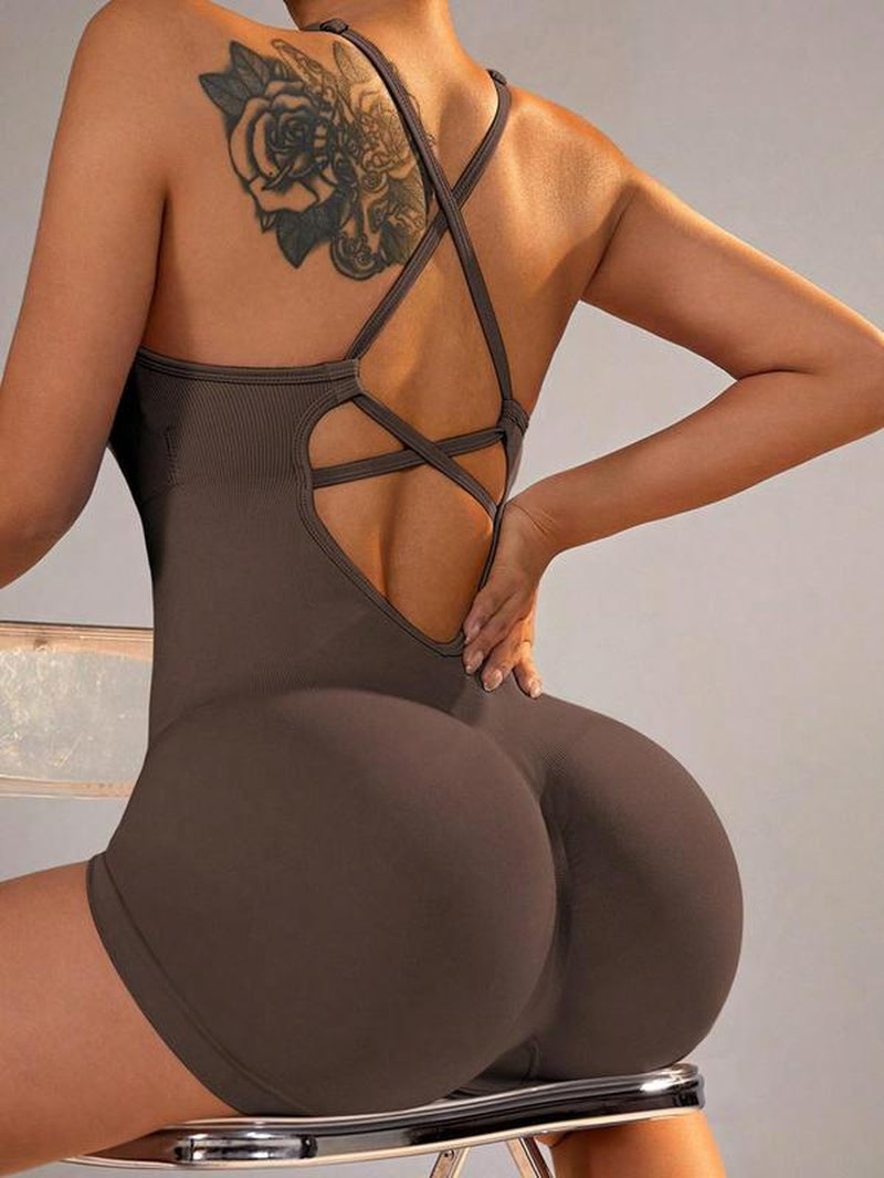 Women'S Solid Criss Cross Backless Padded Sports Romper, Adjustable Strap Sleeveless Scrunch Butt Cami Bodycon Romper for Yoga Gym Fitness, Summer Outfits 2024 Workout Jumpsuit