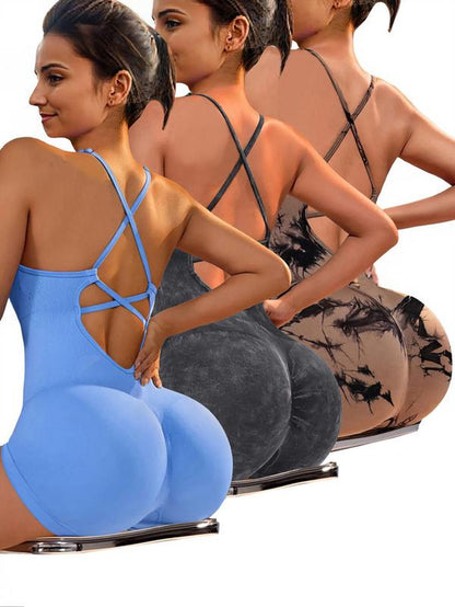 Women'S Solid Criss Cross Backless Padded Sports Romper, Adjustable Strap Sleeveless Scrunch Butt Cami Bodycon Romper for Yoga Gym Fitness, Summer Outfits 2024 Workout Jumpsuit