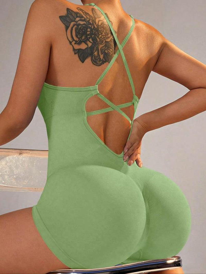 Women'S Solid Criss Cross Backless Padded Sports Romper, Adjustable Strap Sleeveless Scrunch Butt Cami Bodycon Romper for Yoga Gym Fitness, Summer Outfits 2024 Workout Jumpsuit