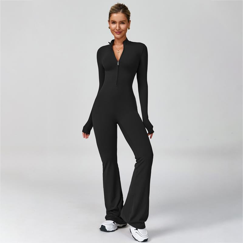 Women'S Long Sleeve Flared Sports Jumpsuit - Zipper Jumpsuit, Wide Leg Bodysuit, Sexy One-Piece Yoga Jumpsuit, Fitness Activewear for the Gym, Pilates, Casual or Street Wear, Tennis Skirt with Shorts and Tie-Front Activewear Sporty Yoga Set