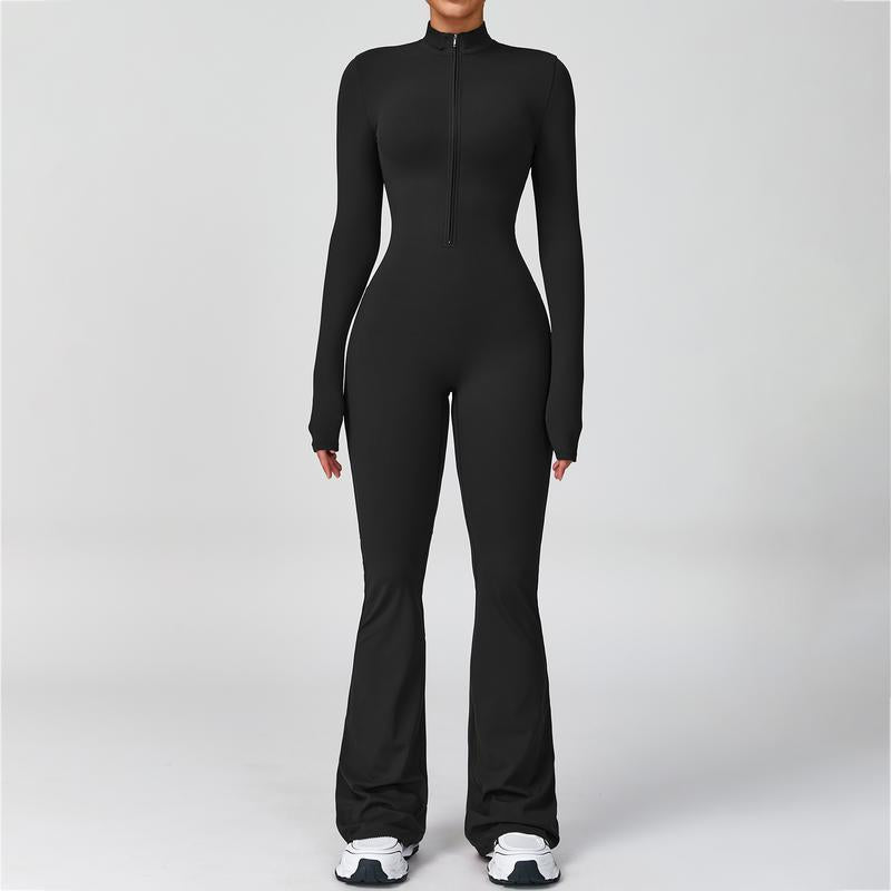 Women'S Long Sleeve Flared Sports Jumpsuit - Zipper Jumpsuit, Wide Leg Bodysuit, Sexy One-Piece Yoga Jumpsuit, Fitness Activewear for the Gym, Pilates, Casual or Street Wear, Tennis Skirt with Shorts and Tie-Front Activewear Sporty Yoga Set