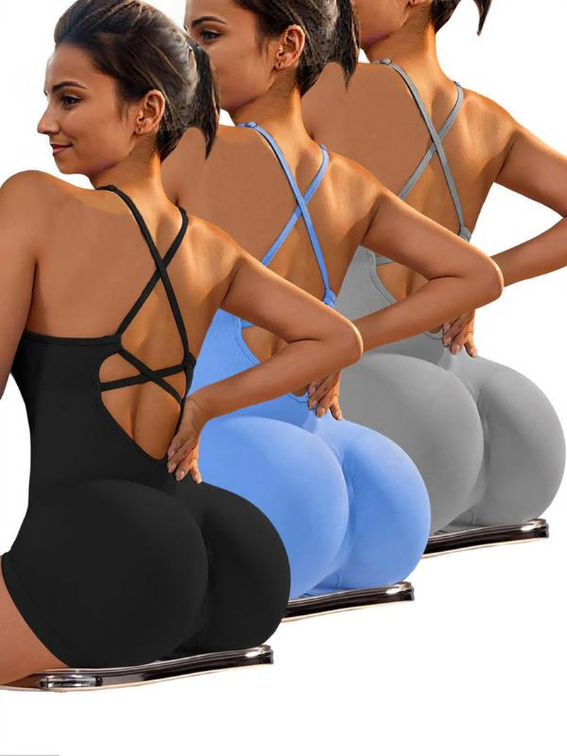 Women'S Solid Criss Cross Backless Padded Sports Romper, Adjustable Strap Sleeveless Scrunch Butt Cami Bodycon Romper for Yoga Gym Fitness, Summer Outfits 2024 Workout Jumpsuit