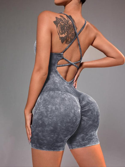 Women'S Solid Criss Cross Backless Padded Sports Romper, Adjustable Strap Sleeveless Scrunch Butt Cami Bodycon Romper for Yoga Gym Fitness, Summer Outfits 2024 Workout Jumpsuit