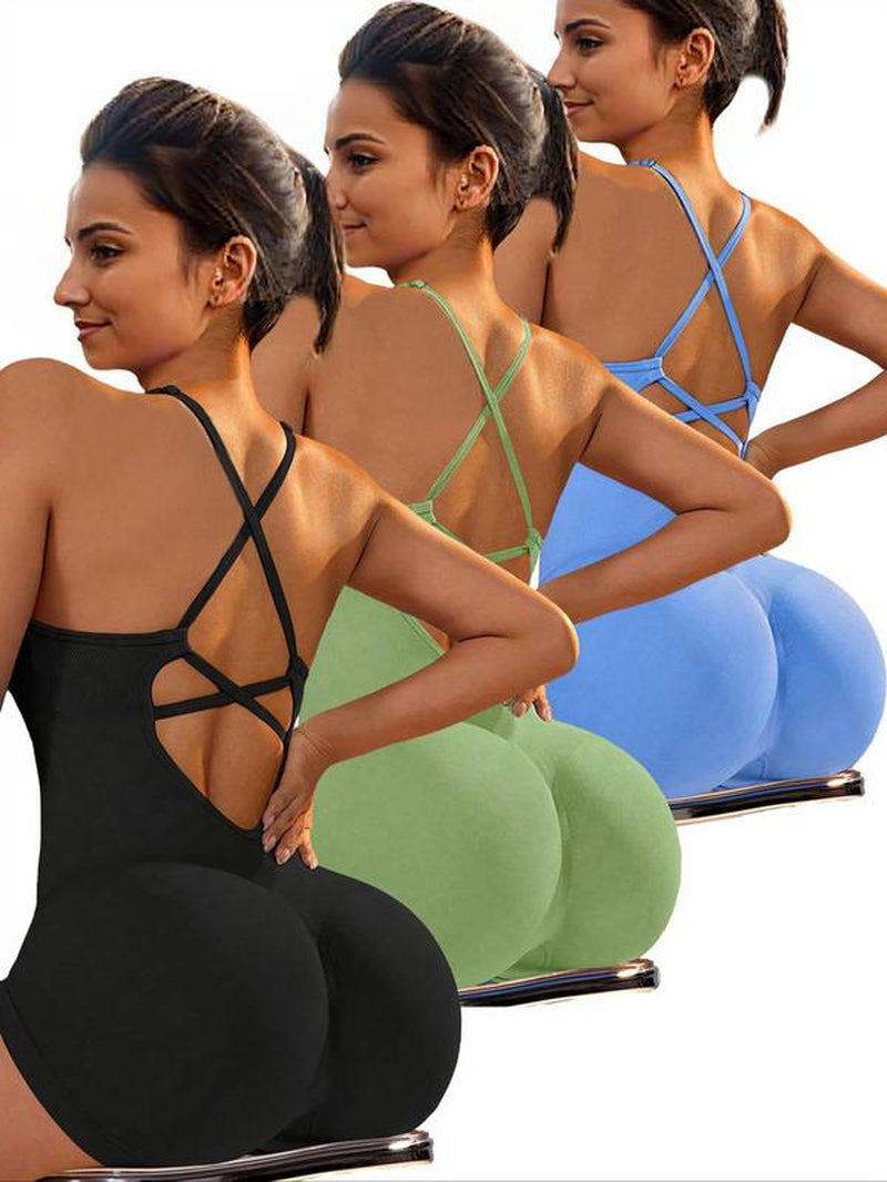 Women'S Solid Criss Cross Backless Padded Sports Romper, Adjustable Strap Sleeveless Scrunch Butt Cami Bodycon Romper for Yoga Gym Fitness, Summer Outfits 2024 Workout Jumpsuit