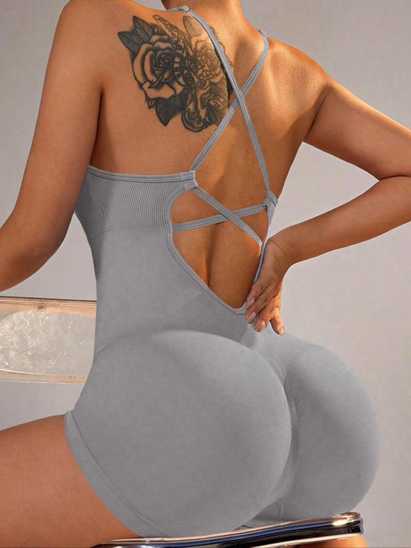 Women'S Solid Criss Cross Backless Padded Sports Romper, Adjustable Strap Sleeveless Scrunch Butt Cami Bodycon Romper for Yoga Gym Fitness, Summer Outfits 2024 Workout Jumpsuit