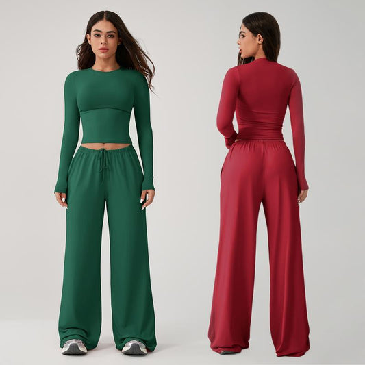 Timeoff Women'S 2-Piece Activewear Set Long-Sleeve Crop Top & Wide-Leg Pants Stretchy Fabric for Yoga Leisure Daily Active Scenarios Workout Running Clothes