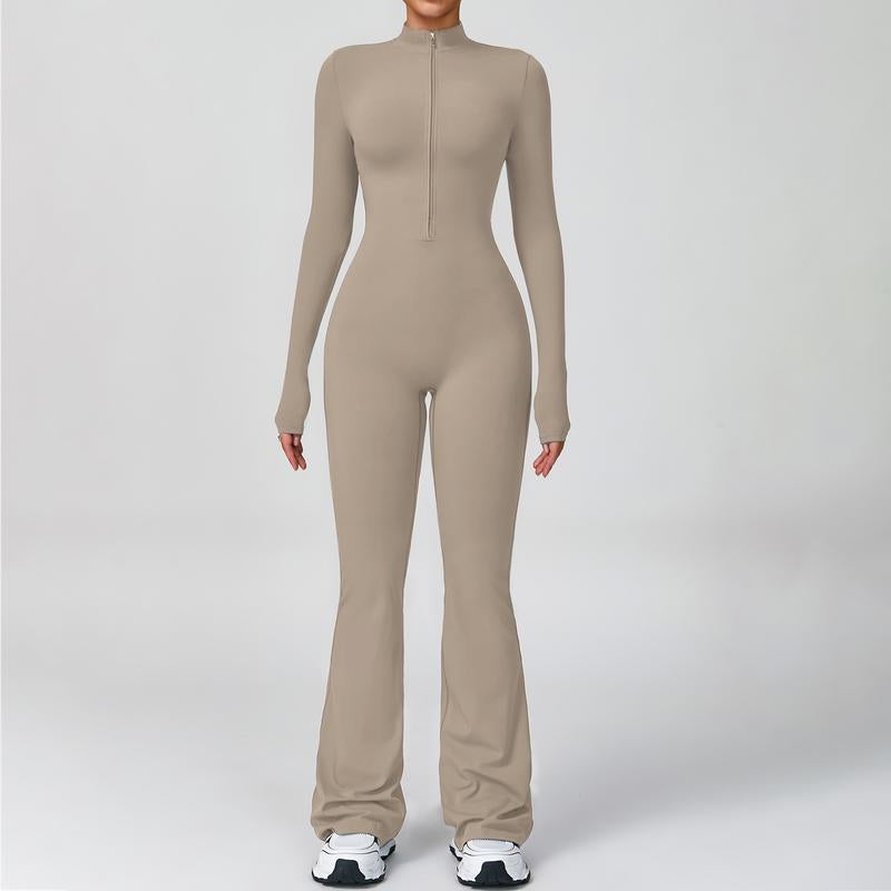 Women'S Long Sleeve Flared Sports Jumpsuit - Zipper Jumpsuit, Wide Leg Bodysuit, Sexy One-Piece Yoga Jumpsuit, Fitness Activewear for the Gym, Pilates, Casual or Street Wear, Tennis Skirt with Shorts and Tie-Front Activewear Sporty Yoga Set