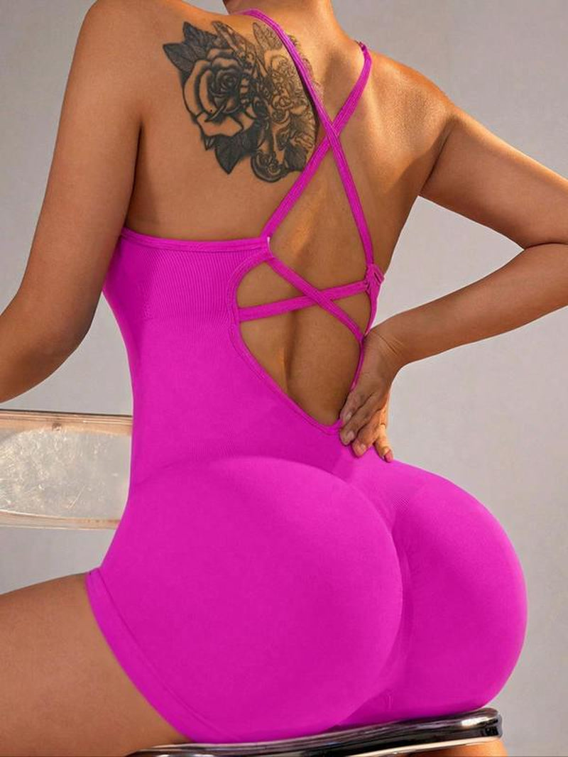 Women'S Solid Criss Cross Backless Padded Sports Romper, Adjustable Strap Sleeveless Scrunch Butt Cami Bodycon Romper for Yoga Gym Fitness, Summer Outfits 2024 Workout Jumpsuit