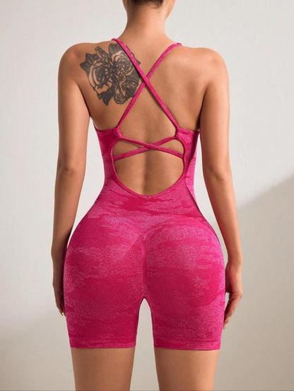 Women'S Solid Criss Cross Backless Padded Sports Romper, Adjustable Strap Sleeveless Scrunch Butt Cami Bodycon Romper for Yoga Gym Fitness, Summer Outfits 2024 Workout Jumpsuit