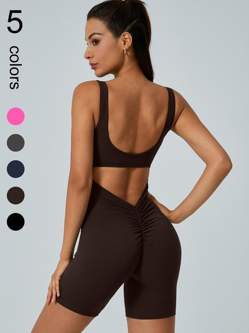 Women'S Ruched Cut Out Backless Sports Romper, Solid Sleeveless Scoop Neck Bodycon Romper, High Stretch Seamless Yoga Jumpsuit, Ladies Sportswear for Indoor Outdoor Wear