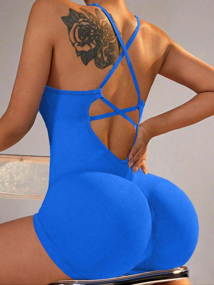 Women'S Solid Criss Cross Backless Padded Sports Romper, Adjustable Strap Sleeveless Scrunch Butt Cami Bodycon Romper for Yoga Gym Fitness, Summer Outfits 2024 Workout Jumpsuit