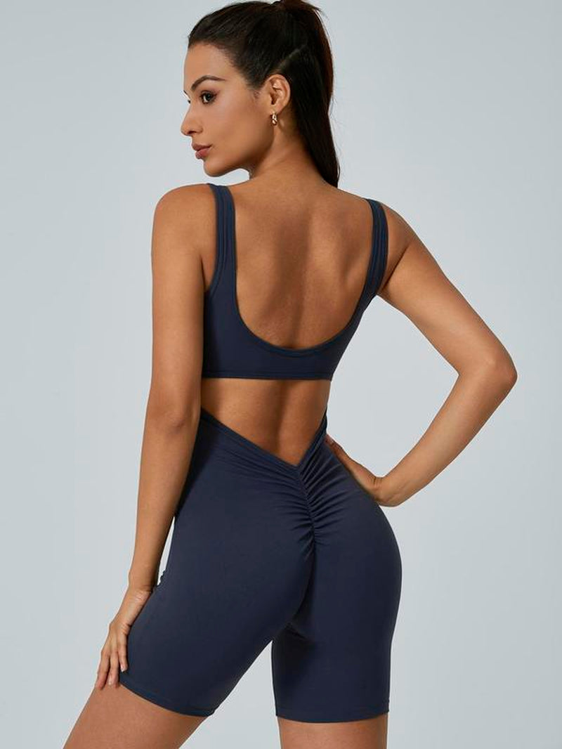 Women'S Ruched Cut Out Backless Sports Romper, Solid Sleeveless Scoop Neck Bodycon Romper, High Stretch Seamless Yoga Jumpsuit, Ladies Sportswear for Indoor Outdoor Wear