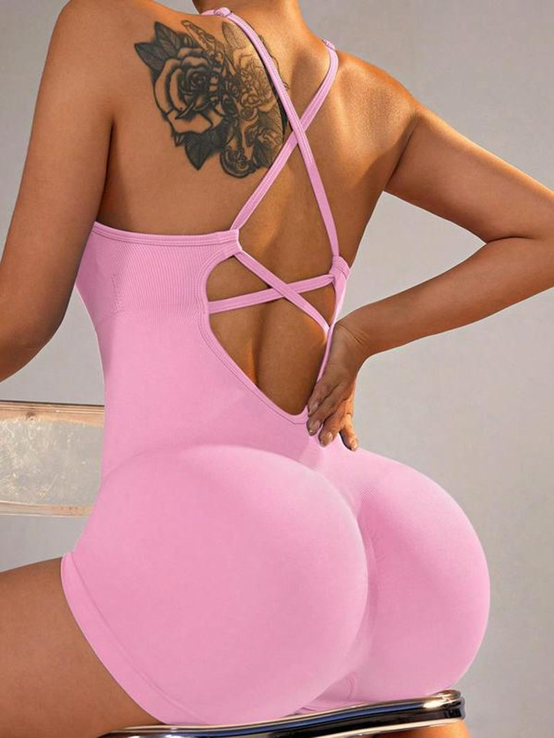 Women'S Solid Criss Cross Backless Padded Sports Romper, Adjustable Strap Sleeveless Scrunch Butt Cami Bodycon Romper for Yoga Gym Fitness, Summer Outfits 2024 Workout Jumpsuit