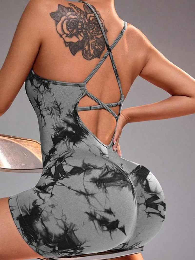 Women'S Solid Criss Cross Backless Padded Sports Romper, Adjustable Strap Sleeveless Scrunch Butt Cami Bodycon Romper for Yoga Gym Fitness, Summer Outfits 2024 Workout Jumpsuit